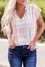 Imani Striped Pin Tuck Tiered Cap Sleeve Blouse - Stylish & Comfortable Women's Top | Perfect for Any Occasion - Image 2