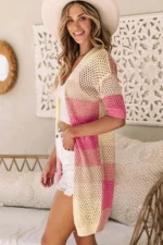Leona Ribbed Short Sleeve Ombre Eyelet Knitted Cardigan - Stylish Comfort for Every Occasion - Image 3