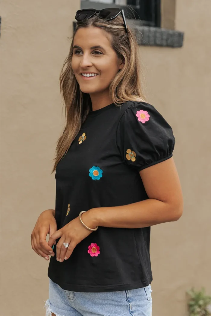 Oaklyn Women's Embroidered Flower Short Puff Sleeve Tee - Chic & Feminine Floral Design - Image 3