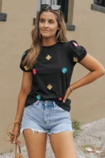 Oaklyn Women's Embroidered Flower Short Puff Sleeve Tee - Chic & Feminine Floral Design - Image 4