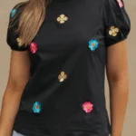 Oaklyn Women's Embroidered Flower Short Puff Sleeve Tee - Chic & Feminine Floral Design