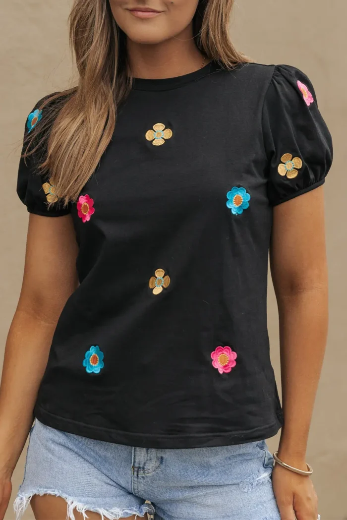 Oaklyn Women's Embroidered Flower Short Puff Sleeve Tee - Chic & Feminine Floral Design - Image 1