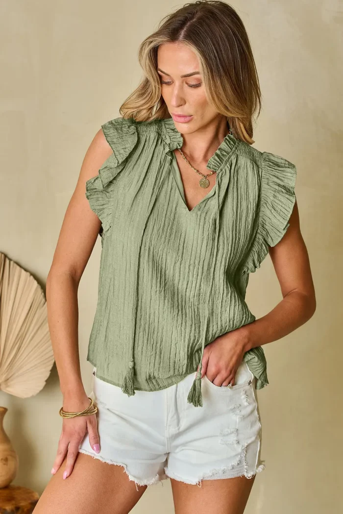 Keira V Neck Flutter Sleeve Textured Blouse - Elegant, Feminine, and Lightweight - Perfect for Any Occasion - Image 6