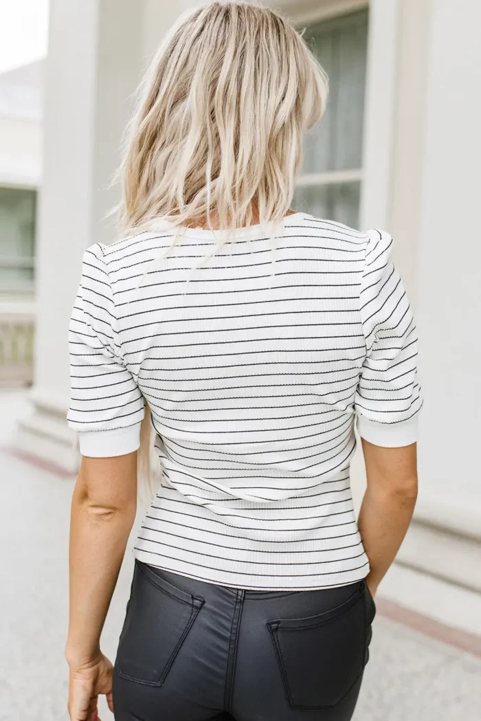 Dylan Striped Notch V Neck Short Sleeve Top - Chic & Versatile Women's Fashion - Image 2