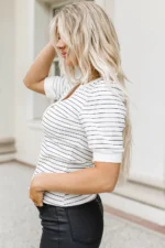Dylan Striped Notch V Neck Short Sleeve Top - Chic & Versatile Women's Fashion - Image 3