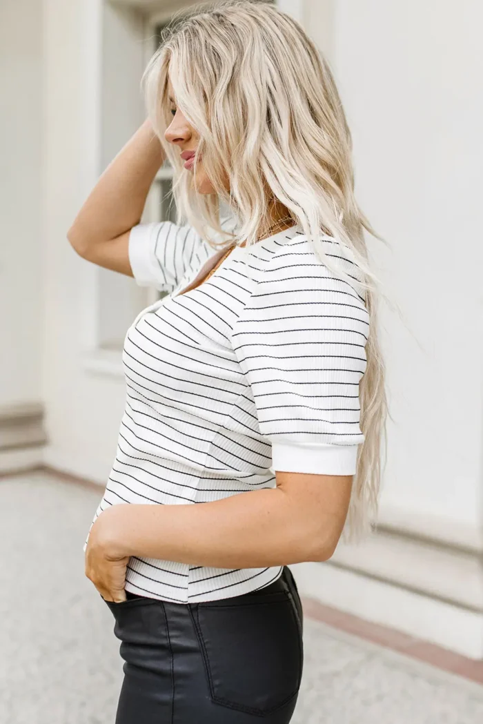 Dylan Striped Notch V Neck Short Sleeve Top - Chic & Versatile Women's Fashion - Image 3