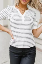Dylan Striped Notch V Neck Short Sleeve Top - Chic & Versatile Women's Fashion
