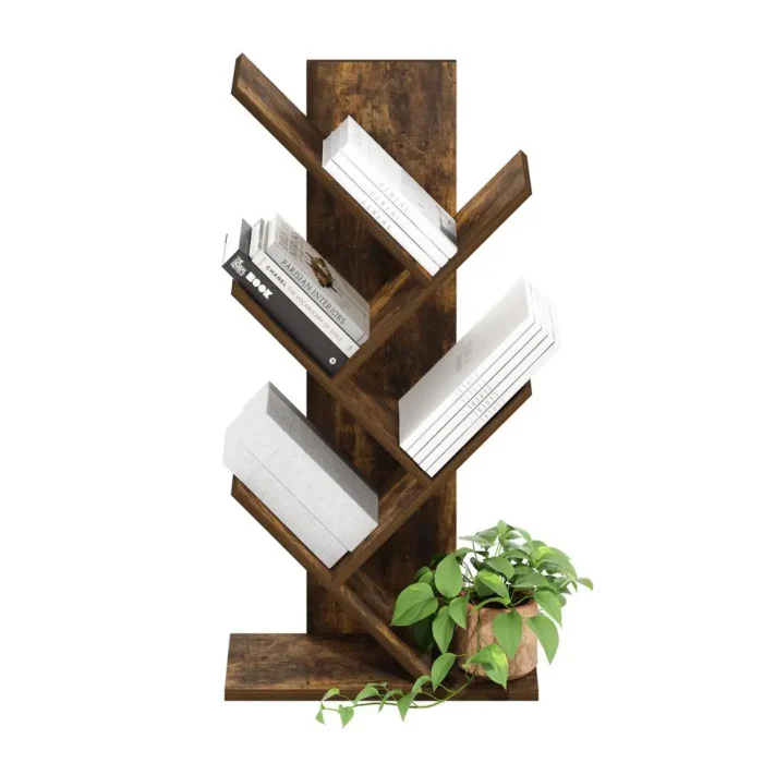 Tree Bookshelf 5-Tier Floor Standing Tree Bookcase, Amber Pine Modern & Space-Saving Design - Image 4