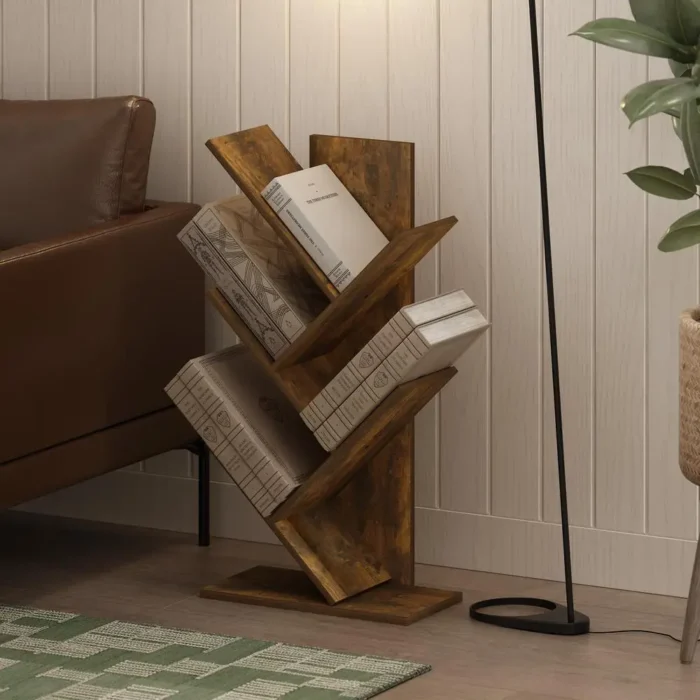 Tree Bookshelf 5-Tier Floor Standing Tree Bookcase, Amber Pine Modern & Space-Saving Design - Image 5