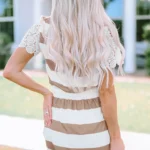 Nia Lace Crochet Striped Dress - Short Sleeve, Drawstring, Pockets - Elegant & Feminine