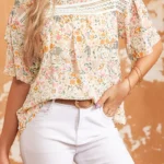 Karsyn Floral Print Blouse with Wide Ruffle Sleeves and Lace Details Perfect for Summer Layering