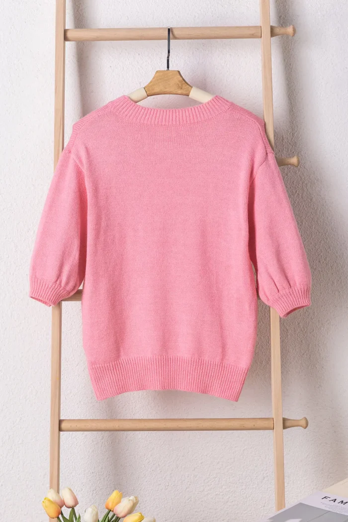 Maxine Mom Tinsel Front Short Sleeve Sweater - Chic Crew Neck with Puff Sleeves & Ribbed Hemline - Image 4