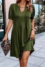 Kaitlyn Notched Neck Pleated Puff Sleeve Shift T-shirt Dress - Elegant & Comfortable Women's Casual Dress - Image 2