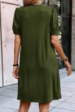 Kaitlyn Notched Neck Pleated Puff Sleeve Shift T-shirt Dress - Elegant & Comfortable Women's Casual Dress