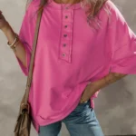 Aliana Exposed Seam Button Neck Tunic Top Stylish Wide Sleeve High-Low Hem Blouse for Chic Comfort
