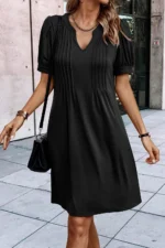 Kaitlyn Notched Neck Pleated Puff Sleeve Shift T-shirt Dress - Elegant & Comfortable Women's Casual Dress - Image 4