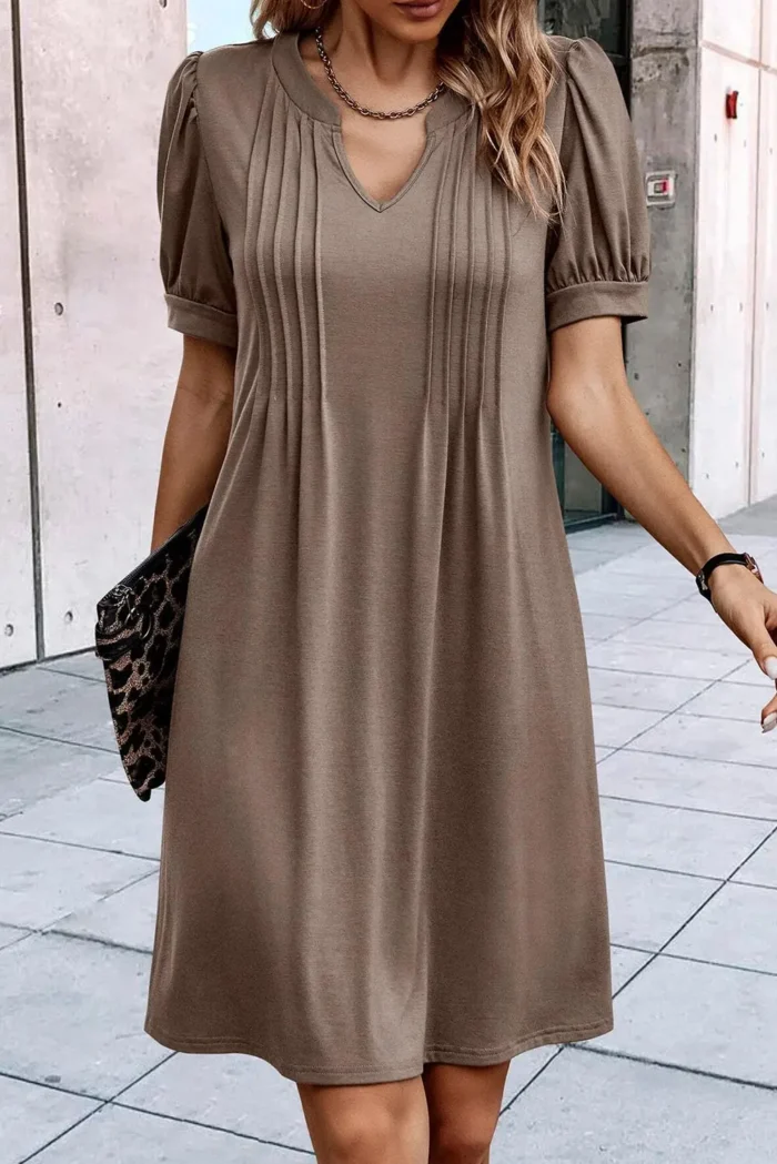 Kaitlyn Notched Neck Pleated Puff Sleeve Shift T-shirt Dress - Elegant & Comfortable Women's Casual Dress - Image 6