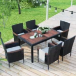 7-Piece Outdoor Patio Dining Set with Acacia Wood Tabletop & Stackable Wicker Chairs - Reddish-brown