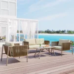4-Piece Rope Sofa Set with Thick Cushions & Glass Table - All-Weather Patio Furniture for 4, Beige