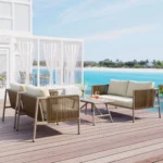4-Piece Rope Sofa Set with Thick Cushions & Glass Table - All-Weather Patio Furniture for 4, Beige - Image 2