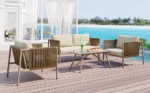 4-Piece Rope Sofa Set with Thick Cushions & Glass Table - All-Weather Patio Furniture for 4, Beige - Image 3