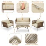 4-Piece Rope Sofa Set with Thick Cushions & Glass Table - All-Weather Patio Furniture for 4, Beige - Image 5