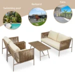 4-Piece Rope Sofa Set with Thick Cushions & Glass Table - All-Weather Patio Furniture for 4, Beige - Image 8