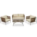 4-Piece Rope Sofa Set with Thick Cushions & Glass Table - All-Weather Patio Furniture for 4, Beige - Image 10