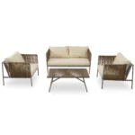 4-Piece Rope Sofa Set with Thick Cushions & Glass Table - All-Weather Patio Furniture for 4, Beige - Image 11