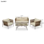 4-Piece Rope Sofa Set with Thick Cushions & Glass Table - All-Weather Patio Furniture for 4, Beige - Image 16