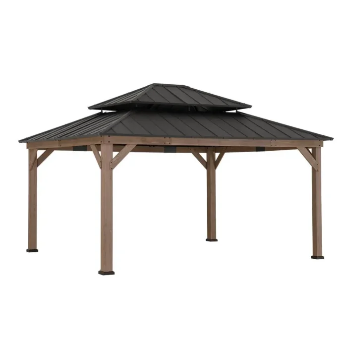 Durable & Stylish 13 ft. x 15 ft. Cedar Framed Gazebo with Brown Steel 2-tier Hip Roof - Perfect for Any Outdoor Space - Image 1