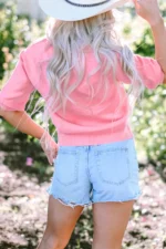 Maxine Mom Tinsel Front Short Sleeve Sweater - Chic Crew Neck with Puff Sleeves & Ribbed Hemline - Image 2