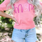 Maxine Mom Tinsel Front Short Sleeve Sweater - Chic Crew Neck with Puff Sleeves & Ribbed Hemline