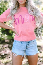 Maxine Mom Tinsel Front Short Sleeve Sweater - Chic Crew Neck with Puff Sleeves & Ribbed Hemline