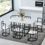 Modern 7-Piece Dining Table Set with Faux Marble - Compact 55-Inch Kitchen Table Set for 6, Black & White