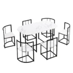 Modern 7-Piece Dining Table Set with Faux Marble - Compact 55-Inch Kitchen Table Set for 6, Black & White - Image 8