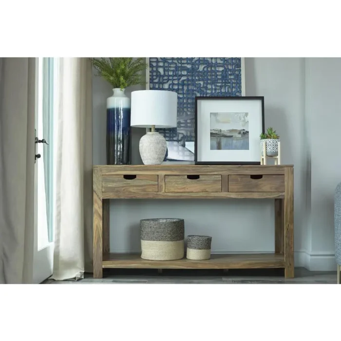 Esther 3-Drawer Storage Console Table in Natural Sheesham Rustic, Stylish, and Durable - Image 1