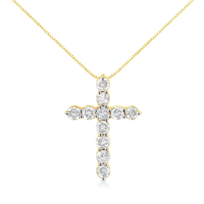 10K Yellow Gold Diamond Cross Pendant Necklace with Box Chain - 1.0 Cttw Round Brilliant Cut, 18" - Image 1