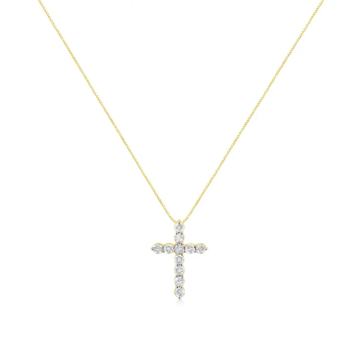 10K Yellow Gold Diamond Cross Pendant Necklace with Box Chain - 1.0 Cttw Round Brilliant Cut, 18" - Image 2