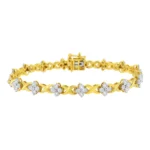 Elegant 10K Yellow Gold Plated Sterling Silver Diamond Clover Link Tennis Bracelet - 7.25" | Exquisite Jewelry for Any Occasion
