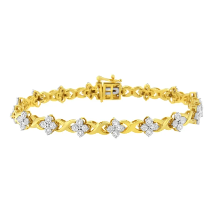 Elegant 10K Yellow Gold Plated Sterling Silver Diamond Clover Link Tennis Bracelet - 7.25" | Exquisite Jewelry for Any Occasion - Image 1
