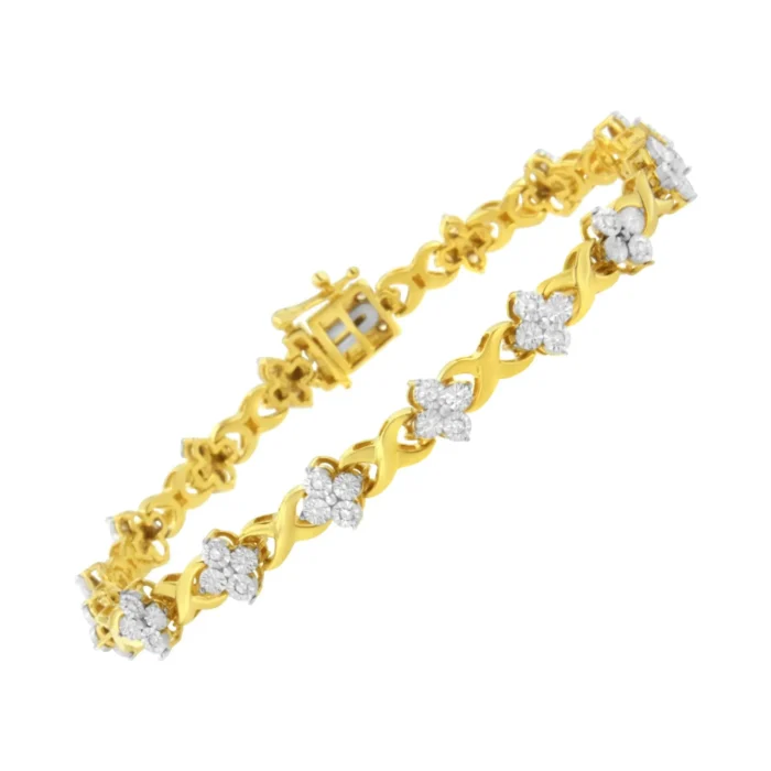Elegant 10K Yellow Gold Plated Sterling Silver Diamond Clover Link Tennis Bracelet - 7.25" | Exquisite Jewelry for Any Occasion - Image 2
