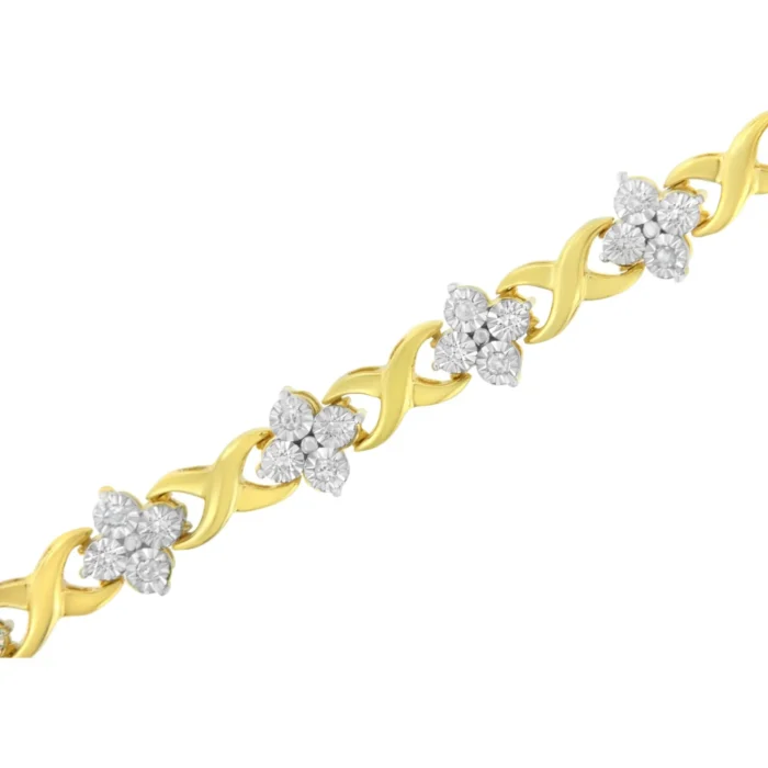 Elegant 10K Yellow Gold Plated Sterling Silver Diamond Clover Link Tennis Bracelet - 7.25" | Exquisite Jewelry for Any Occasion - Image 8