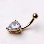 Elegant 14Kt Yellow Gold Navel Ring with Heart Gem Prong Setting - Sparkling Clear CZ - Image 2