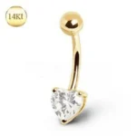 Elegant 14Kt Yellow Gold Navel Ring with Heart Gem Prong Setting - Sparkling Clear CZ - Image 3