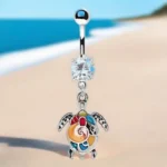 Exquisite 316L Stainless Steel Aloha Sea Turtle Dangle Navel Ring - Vibrant with Clear Cubic Zirconia & Enamel Details