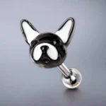 Stylish 316L Stainless Steel 'ARI' Frenchie Cartilage Earring - French Bulldog Design, Black & White Enamel, CZ Accent