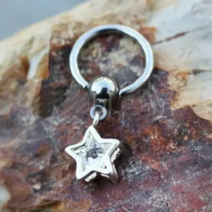 316L Stainless Steel Captive Bead Ring with CZ Star Dangle Hypoallergenic & Durable