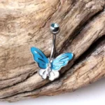 Elegant 316L Stainless Steel Aqua Butterfly Navel Ring Hand-Painted Enamel & CZ Stones