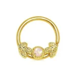 Exquisite Gold Golden Leaf and Opal Seamless Septum Ring - Leaf Design with Synthetic Opal, 16GA | 1.2mm Thickness